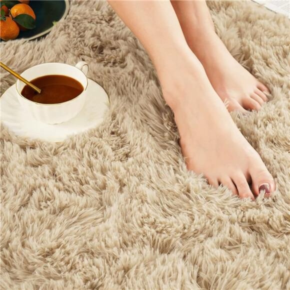 Fluffy Area Rugs, Beige Shag Plush Furry Rugs for Living Room, Bedroom, Fuzzy - Picture 6 of 7